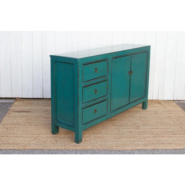 Teal Glossy Teal Asian 3-Drawer Credenza For Sale - Image 8 of 10