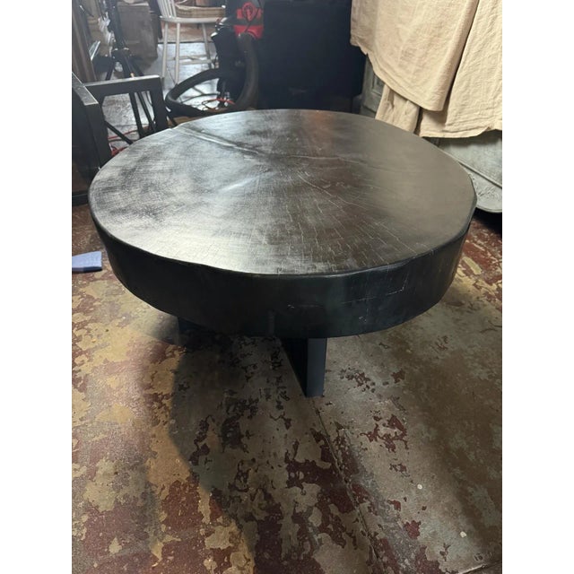 Contemporary Wabi Sabi Round Coffee Table – Ebonized Black, Low Profile For Sale - Image 3 of 9