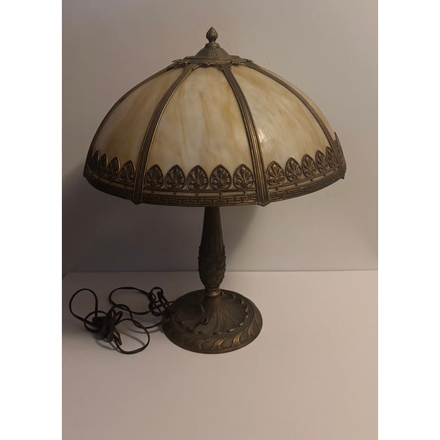 American Early Mid-20th Century Slag Glass Table Lamp With Ornate Cast Metal Shade For Sale - Image 3 of 4