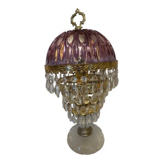 1950s Michelotti Amethyst (Purple) Boudoir Lamp With 4 Rows of Cascading Crystal Prisms For Sale