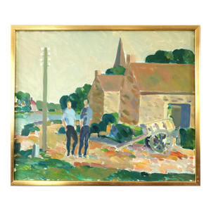 Mid-Century Modern 'Afternoon Stroll' Vintage Street Scene Landscape Oil Painting by Swedish Artist Eric Elfvén (1921–2008), Framed