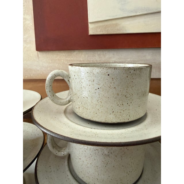 1960s Zaalberg Holland Speckled Stoneware Cups and Saucers - Set of Nine (9) For Sale - Image 9 of 12