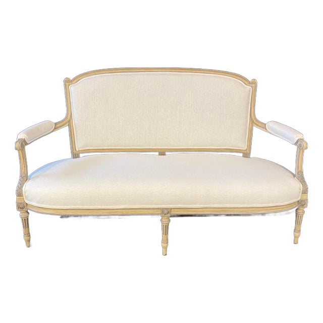 19th Century Louis XVI Painted Carved Wood & Newly Upholstered Sofa For Sale