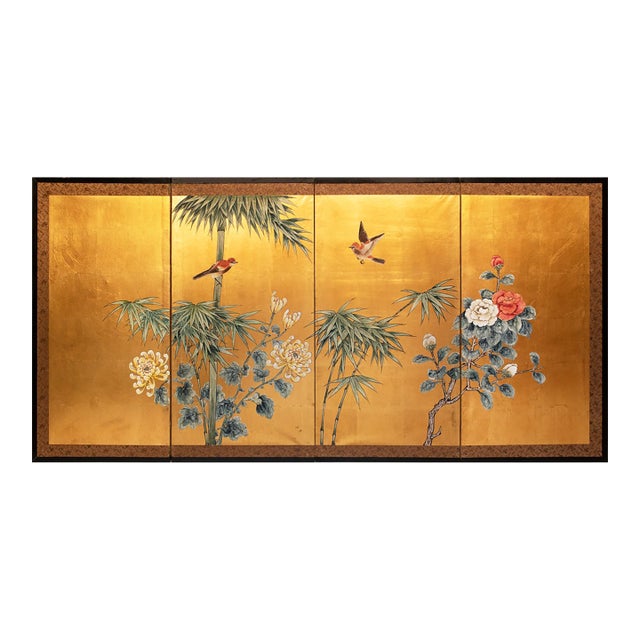 1970s "Chrysanthemums and Sparrows", Antique Style Chinoiserie Painted Screen For Sale