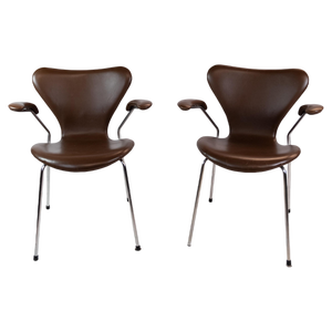 Set of Dark Brown Leather Model 3207 Dining Chairs attributed to Arne Jacobsen for Fritz Hansen, 1980s