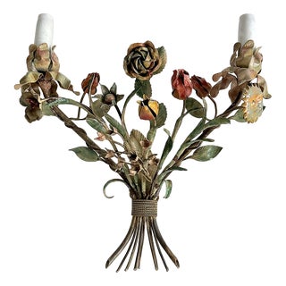 Italian Hand-Painted Tôle Rose Bouquet Two-Light Wall Sconce, 1950s For Sale