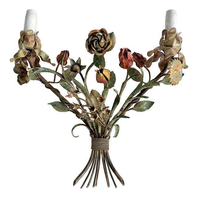 Italian Hand-Painted Tôle Rose Bouquet Two-Light Wall Sconce, 1950s For Sale