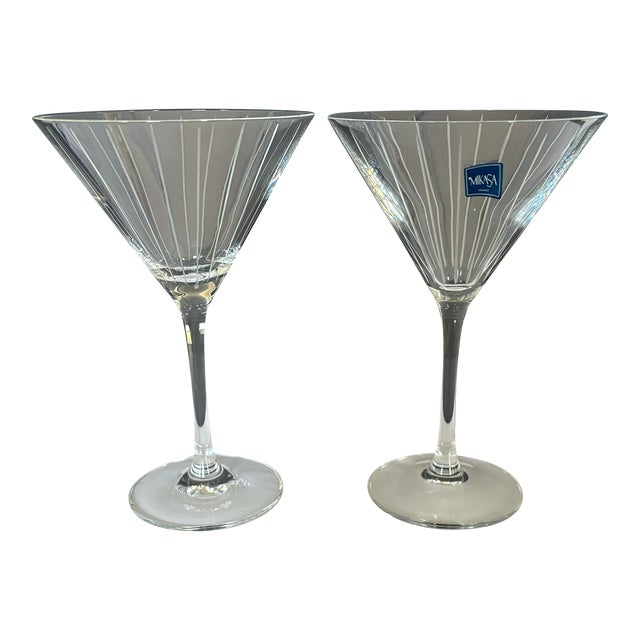 Pair of Vintage Mikasa Cheers- Etched Glass Vertical Martini Glasses Modernist Barware For Sale