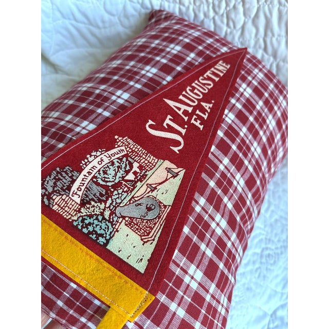 Description: Vintage St Augustine, Florida Felt Pennant from around the 1960s. Unknown Date. New red plaid woven cotton...