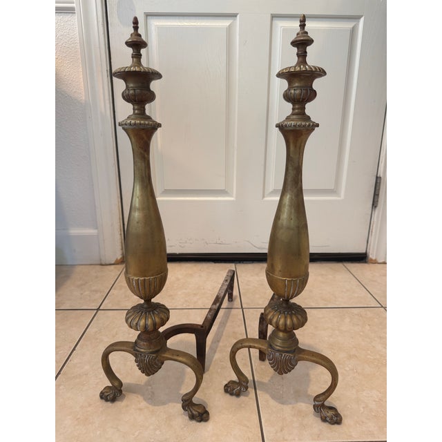 Antique Solid Brass Fireplace Andirons/ Firedogs Pair (2) For Sale In San Francisco - Image 6 of 12