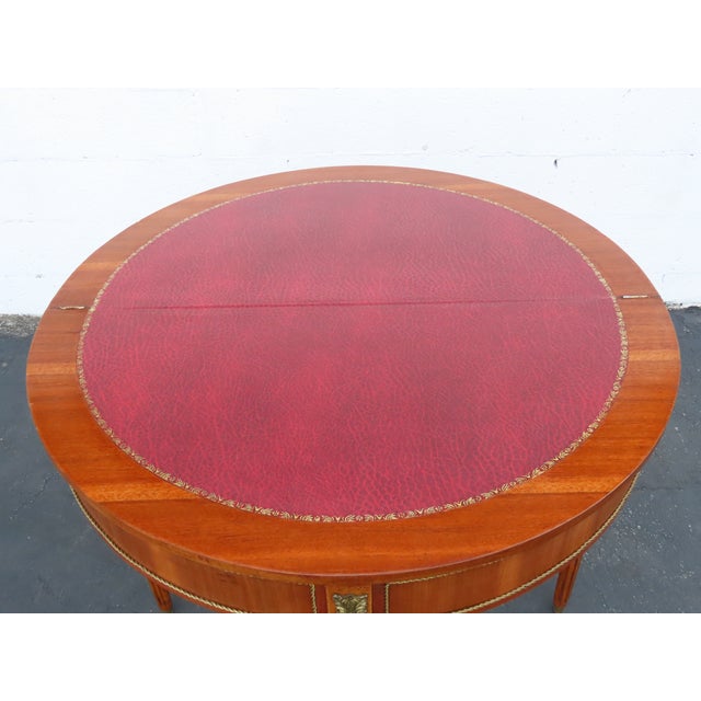 Brown French Demilune Inlay Leather Top Console Flip Top Card Table 6916 For Sale - Image 8 of 18