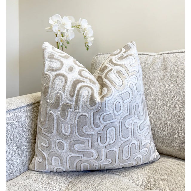 Art Deco Ivory Groove 20x20 Velvet Pillow With Feather Down Insert For Sale - Image 3 of 5