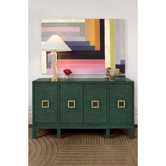 Not Yet Made - Made To Order Matthew Izzo Home Effie Green Grasscloth Four Door Buffet With Glass Top and Square Brass Handles For Sale - Image 5 of 6