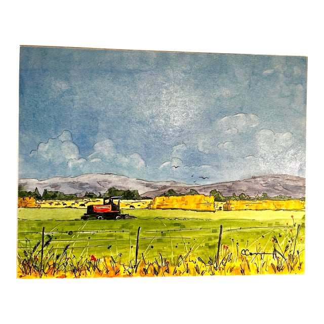 Original Watercolor Painting on Birch Board Rural Farm Scene For Sale