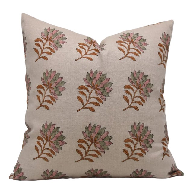Fabdivine Handmade Block Printed Cushion Cover 18x18 Inch Pure Linen- Summer Flower For Sale
