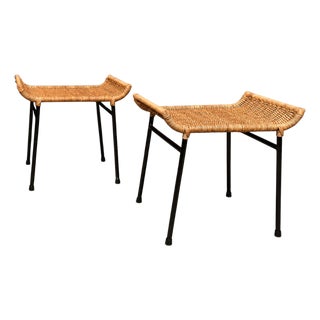 Pair of Caned Stools With Iron Frame by Carlo Hauner, Forma, Brazilian Modern, 1950s For Sale