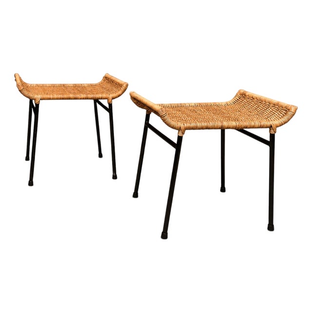 Pair of Caned Stools With Iron Frame by Carlo Hauner, Forma, Brazilian Modern, 1950s For Sale