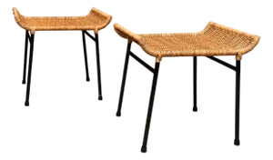 Pair of Caned Stools With Iron Frame by Carlo Hauner, Forma, Brazilian Modern, 1950s