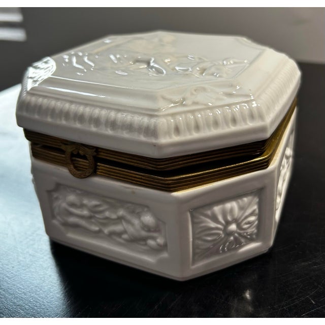 Antique French Blanc De Chine Ironstone With Bronze Dresser Box With Cherubs For Sale - Image 4 of 10