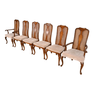 Queen Anne Solid Walnut and Cane High Back Dining Chairs by Mount Airy Furniture, Set of Six
