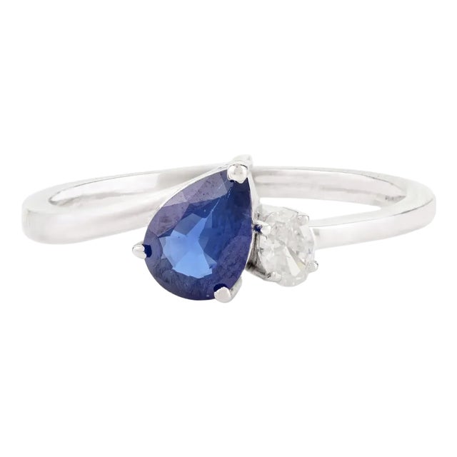 Toi Et Moi Blue Sapphire & Diamond Statement Ring Made in 14k Gold Size 5.5 For Sale
