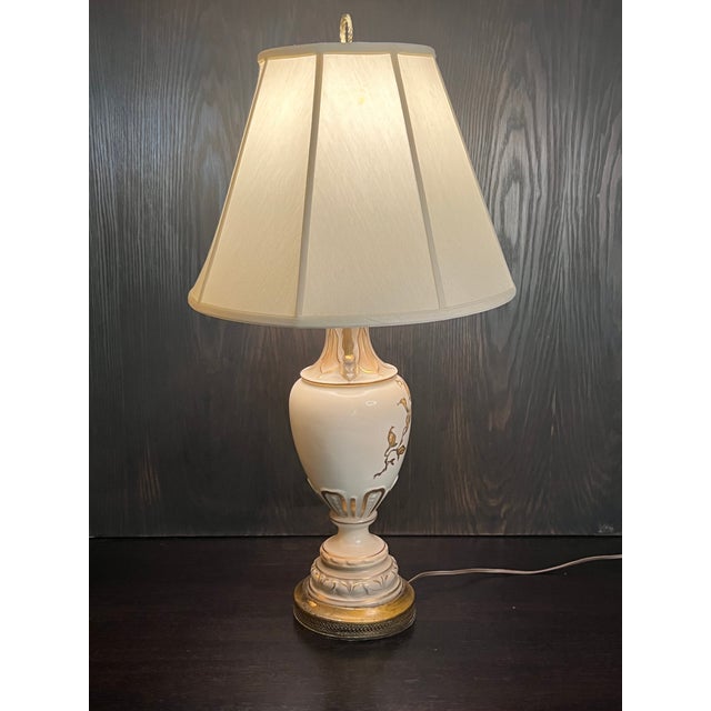Vintage, hand-painted urn-style table lamp with shade 30-1/2" top of finial 19" to top of urn, bottom of harp 6-1/2"W...