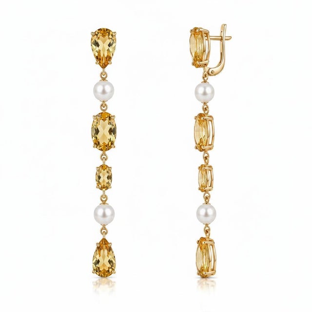 Modern Multi-Shape Citrine and pearl Earrings. Contemporary Pearl & Citrine Drop Earrings. Geometric Citrine and Pearl...