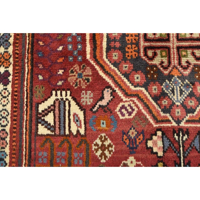 Red Shiraz Rug 3'5'' X 4'10'' Red Wool Vintage Tribal Hand-Knotted Oriental Carpet For Sale - Image 8 of 12