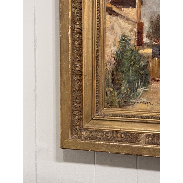 This is an amazing 19th Century French Oil on Board of Barn and Village scene, signed by the artist. It is presented with...