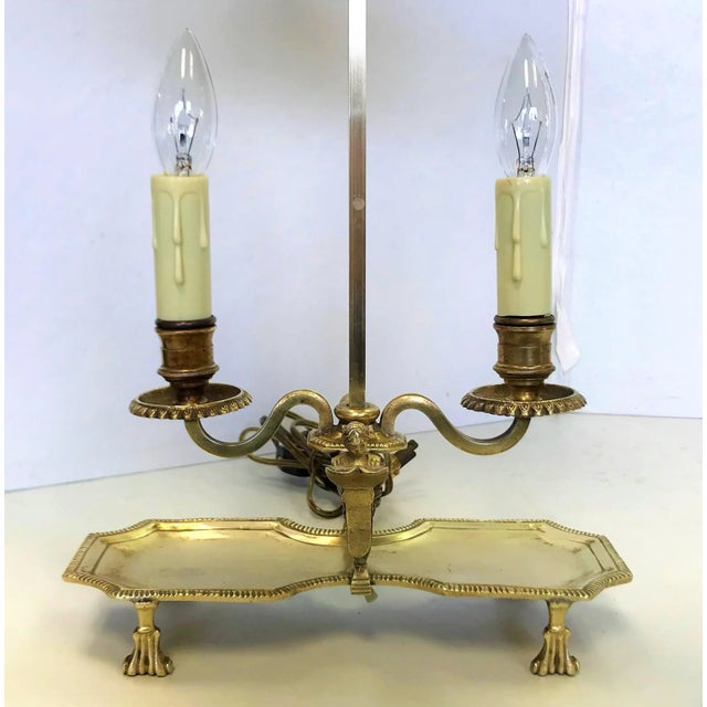 Antique Italian Brass Student Oil Lamp Converted to Electric With Adjustable Height Shades For Sale - Image 11 of 13