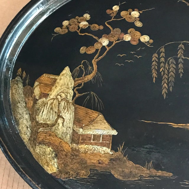 Antique Black Tole Chinoiserie Serving Tray For Sale In Chicago - Image 6 of 12
