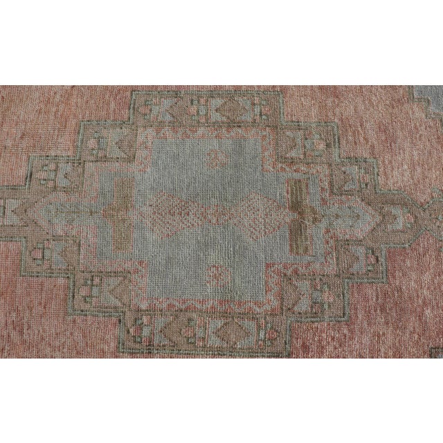 Vintage Turkish Oushak Gallery With Tribal Medallions in Soft Peach and Green For Sale - Image 11 of 13