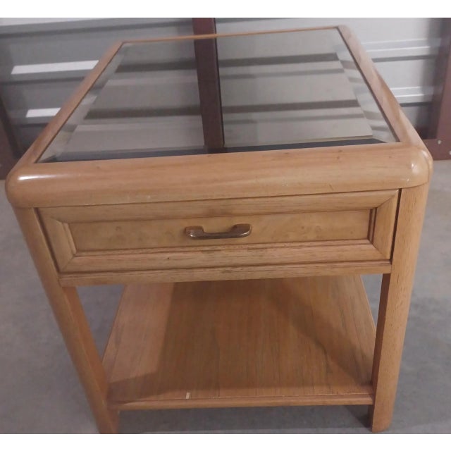 1980s Oak Mirror Glass Top Side Table With Drawer Storage For Sale - Image 4 of 5