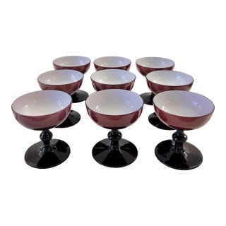 1960s 9 Carlo Moretti Amethyst cased glass coupe glasses // eggplant or raisin colored blown glass // purple and white colored glass stemware For Sale