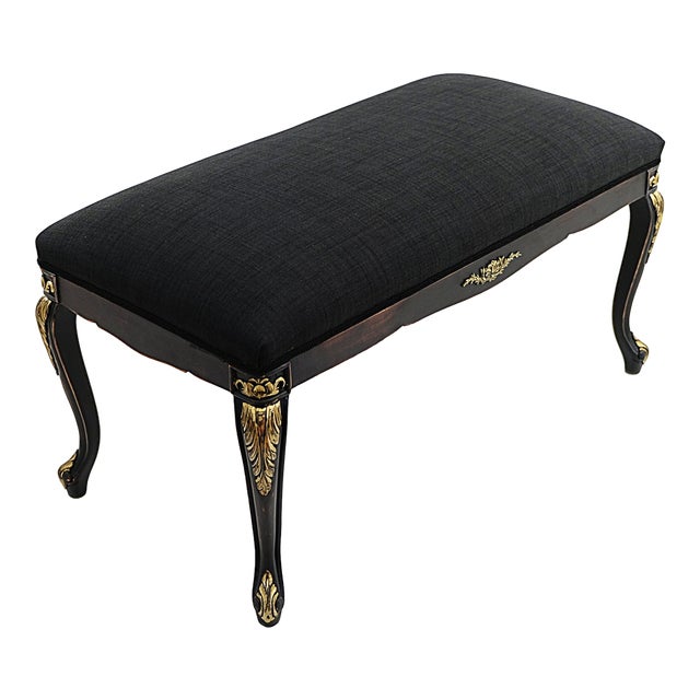 Vintage Bench in Black Linen Fabric For Sale