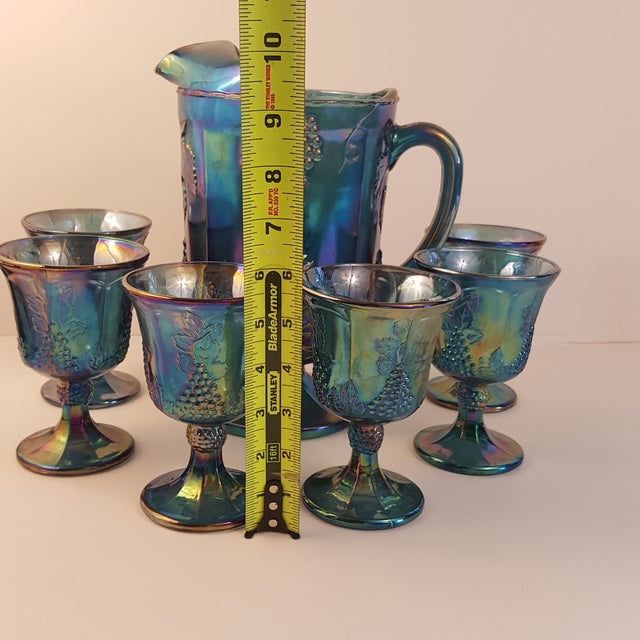 Harvest Grape Blue Carnival Glass Pitcher & Glasses - Set of 7 | Chairish