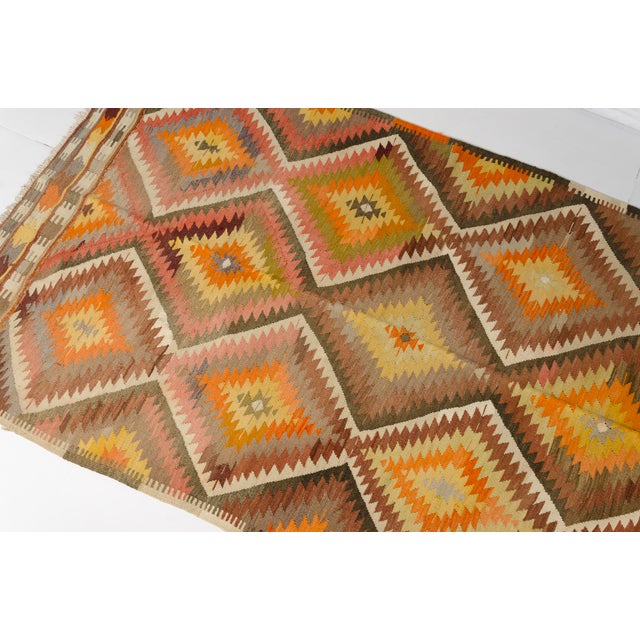 Apricot Mid 20th Century Terracotta and Ochre Diamond Design Kilim For Sale - Image 8 of 10