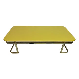 1970s Lane Furniture Lemon Yellow Lacquered Wood Coffee Table With Brass-Tone Metal Base For Sale