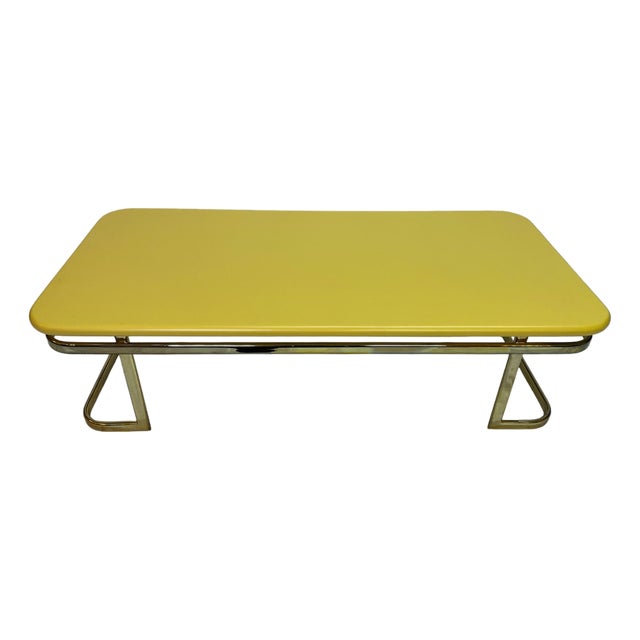 1970s Lane Furniture Lemon Yellow Lacquered Wood Coffee Table With Brass-Tone Metal Base For Sale