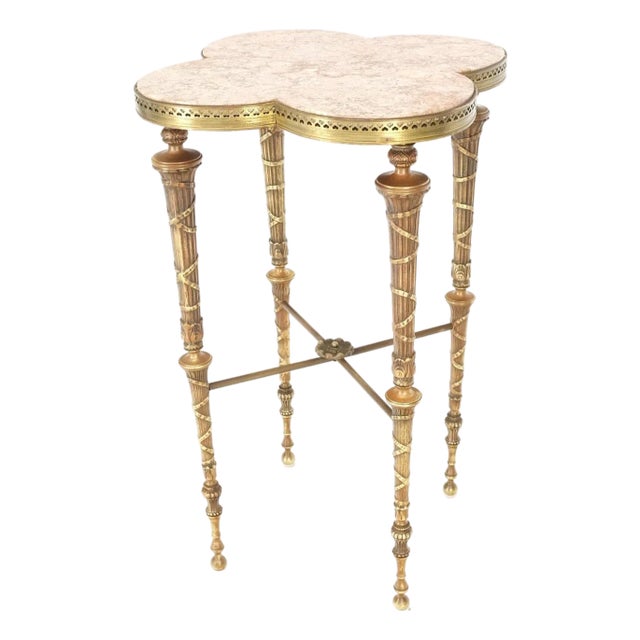 Exception Clover Shape Pink Marble Top Fluted Brass Legs Tall Pedestal Stand For Sale