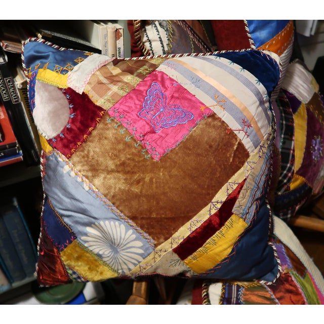 Victorian 1870s Antique Crazy Quilt Pillow 18 Inches 3 For Sale - Image 3 of 8