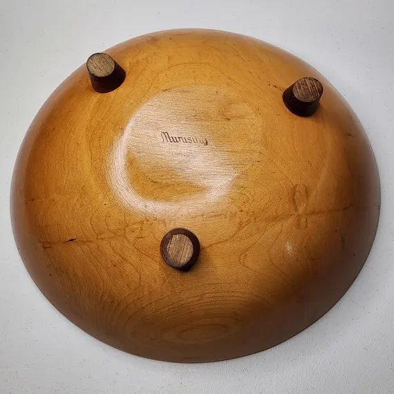 Vintage Munising Hand Painted Signed Wooden Footed Bowl - Floral Dogwood 13.5" - MCM Home Dec - Accent Bowl Decorative For Sale - Image 11 of 15
