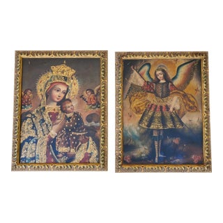 Pair Cusco School Paintings Madonna and Child & Archangel Barachiel 20th Century For Sale