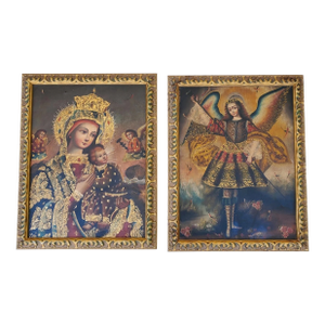 Pair Cusco School Paintings Madonna and Child & Archangel Barachiel 20th Century