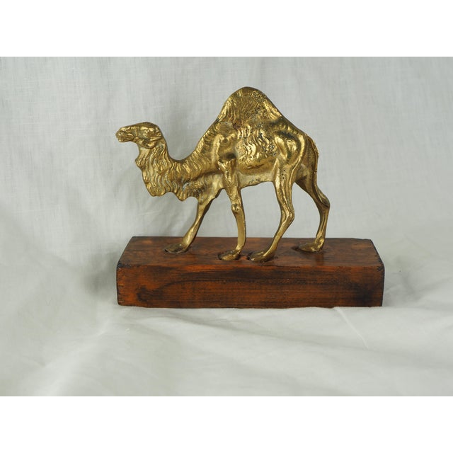 Late 20th Century Moroccan Brass Camel on Wooden Display Stand For Sale - Image 4 of 9