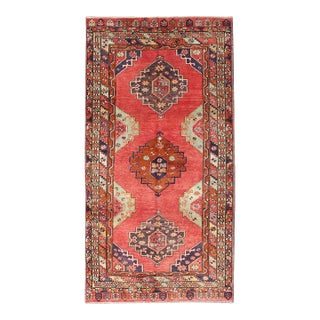 Red Field Vintage Turkish Oushak Rug With Vertical Geometric Medallions For Sale