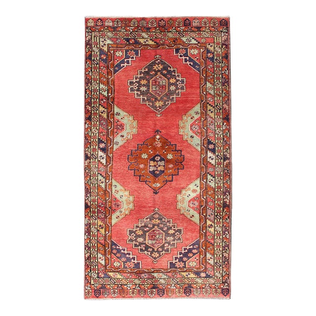 Red Field Vintage Turkish Oushak Rug With Vertical Geometric Medallions For Sale
