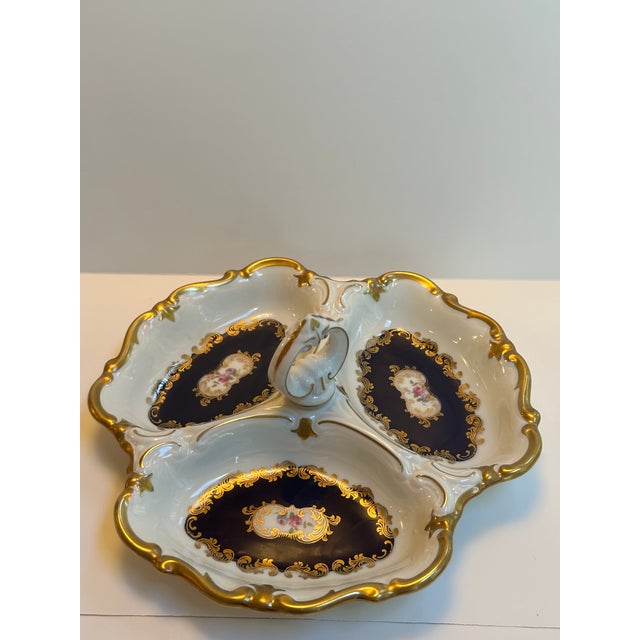 Ceramic Vintage Reichenbach Germany d.r.echt Kobalt "German Roses" 1980s Three(3) Section Dish For Sale - Image 7 of 18