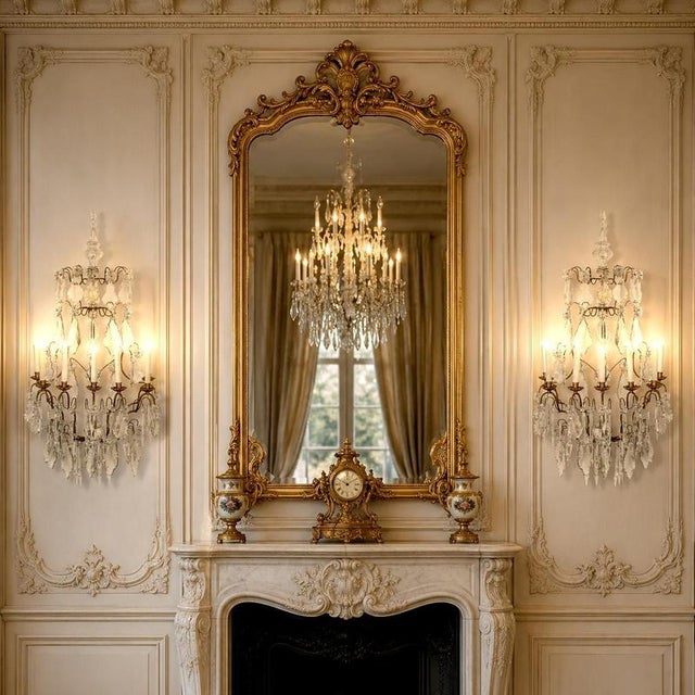 A fine pair of French 19th Century seven branch Bronze and Cut-Crystal Appliques or Wall Lights . Cleaned and re-wired, in...