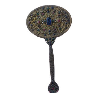 1950s Grand Scale Jeweled Brass Hand Mirror - Hollywood Regency Filigree For Sale